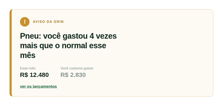 Aviso da Grin informando que o gasto com pneu ficou 4 vezes acima do normal no mês