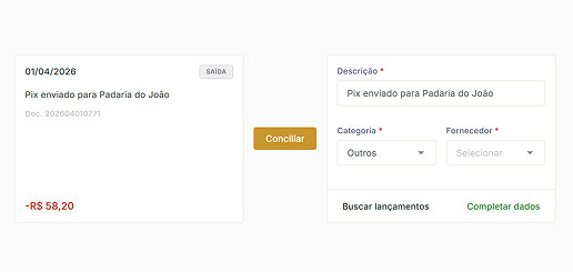 Tela de conferência da Grin, com os lançamentos já separados por categoria